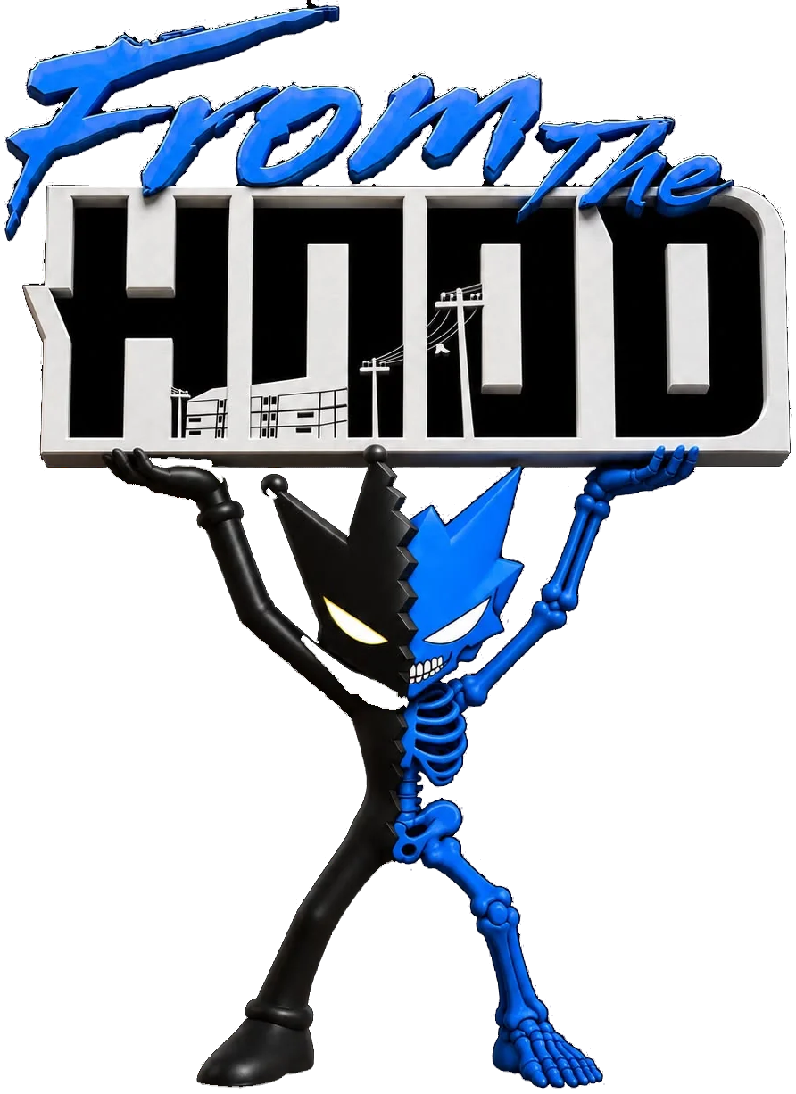 El personaje de From The Hood, mitad negro y mitad esqueleto azul, levanta el logo de la marca sobre su cabeza